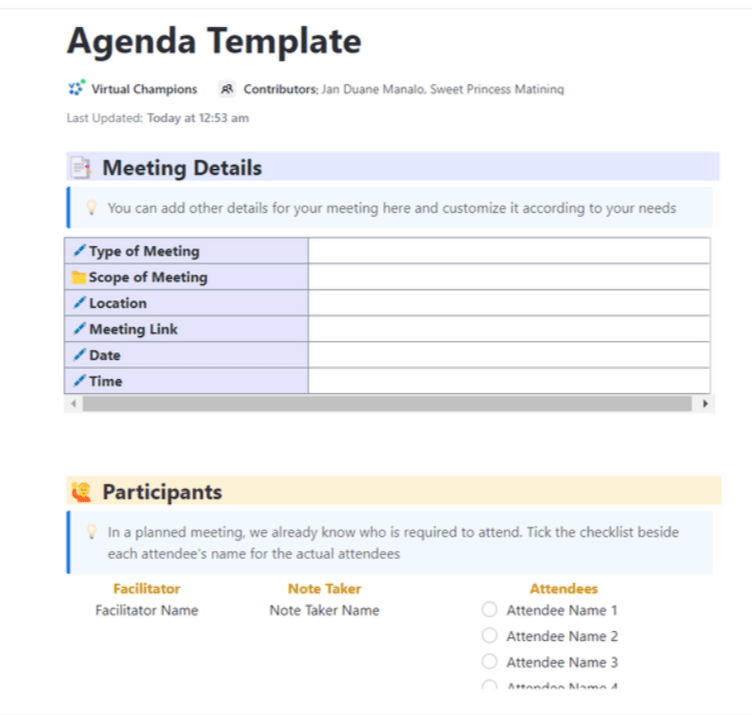 ClickUp Meeting Agenda Template