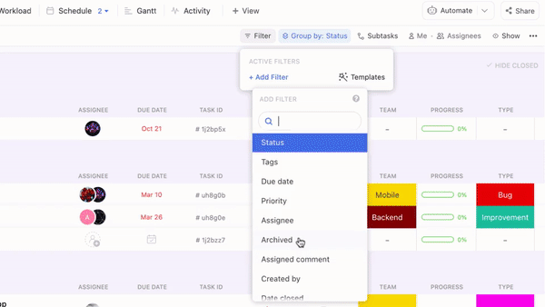 Project pipeline management: ClickUp Milestones Filter view