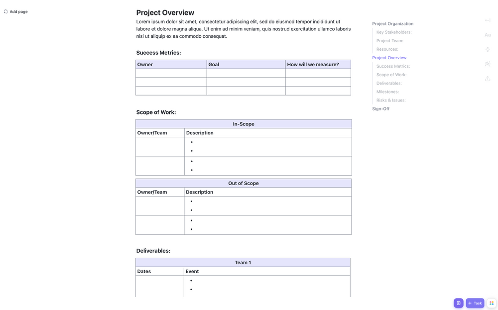 Plantilla de Carta de Proyecto de Mejora de Procesos ClickUp