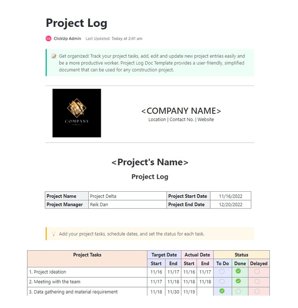 ClickUp Project Log Template