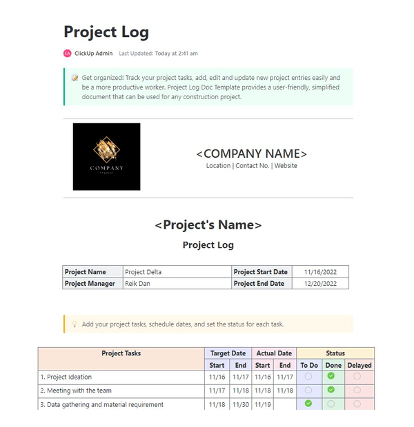 ClickUp Project Log Sjabloon