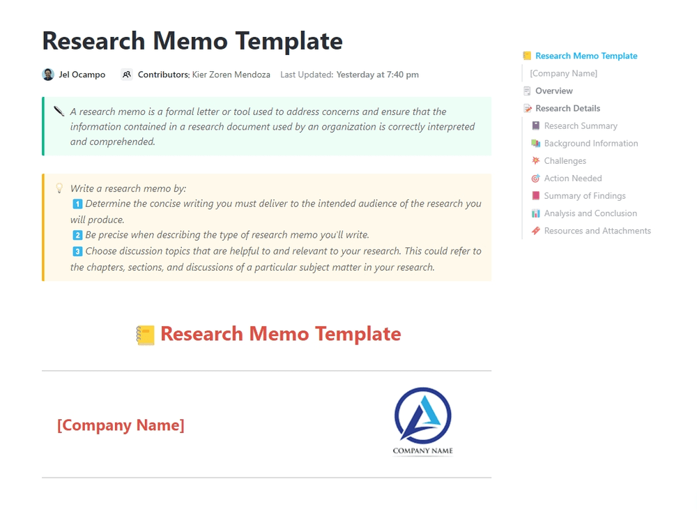 ClickUp Research Memo Template