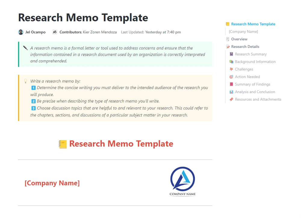 ClickUp Research Memo Template  