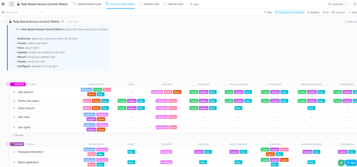 ClickUp Role-Based Access Control Matrix Templateを使用して、ユーザーの役割を定義し、各従業員のアクセスレベルを決定します。