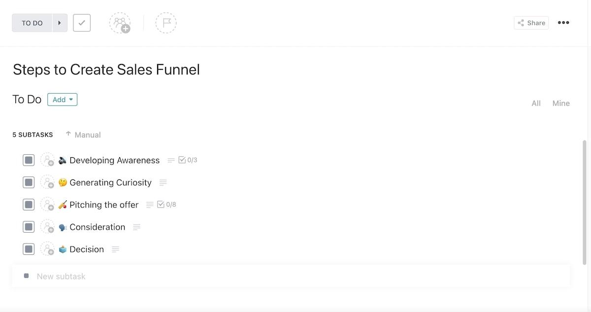 ClickUp's Steps to Create Sales Funnel Templateを使って、素早くカスタマーのインサイトを取得し、認知度を高め、タスクを自動的に作成しましょう。