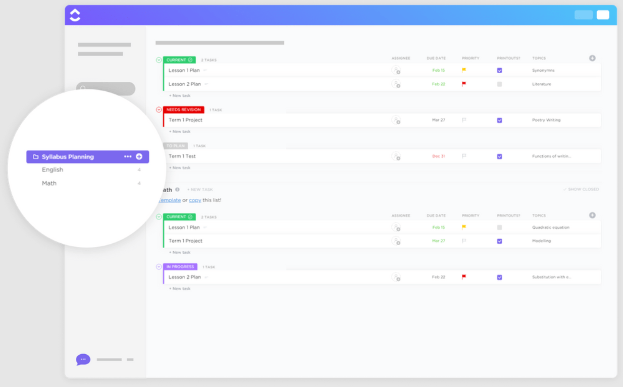 Modelo de planejamento de programa de estudos do ClickUp