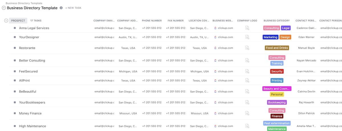 Sammeln, organisieren und verfolgen Sie Ihre geschäftlichen Kooperationen mit dem ClickUp Business Directory Template