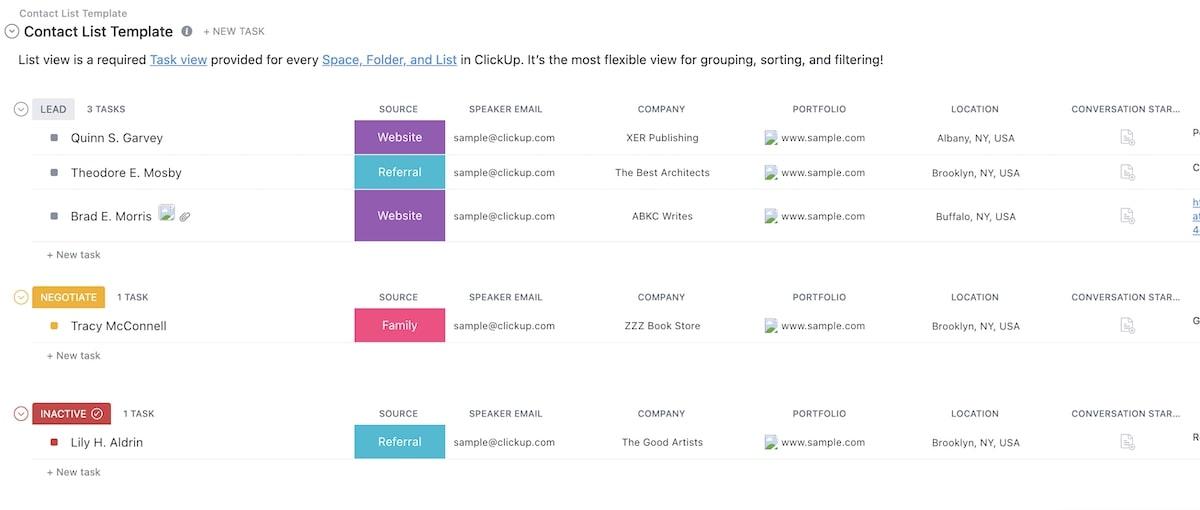 ClickUp's sjabloon voor lijsten met contactpersonen