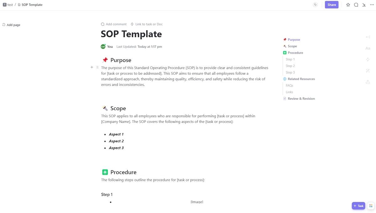 Screenshot of ClickUp's Continual Improvement SOP Template