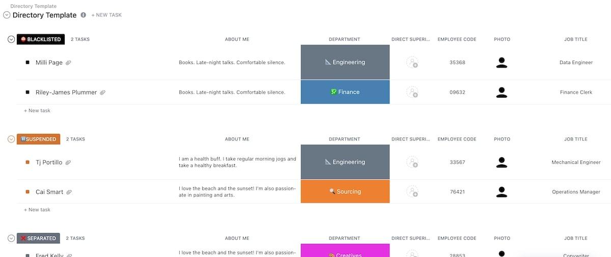 Obtenga una visión completa de los datos de sus empleados con la plantilla de directorio de ClickUp