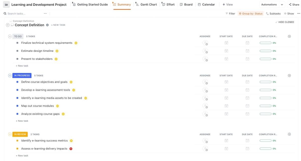 Screenshot of ClickUp's Learning and Development Project Template