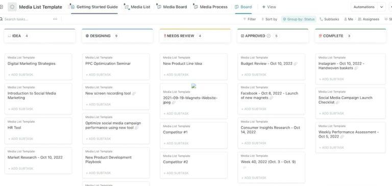 Screenshot of ClickUp's Media List Template