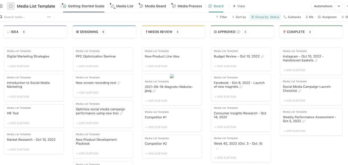 Rationalisez vos flux de travail de gestion des médias avec le modèle de liste de médias de ClickUp