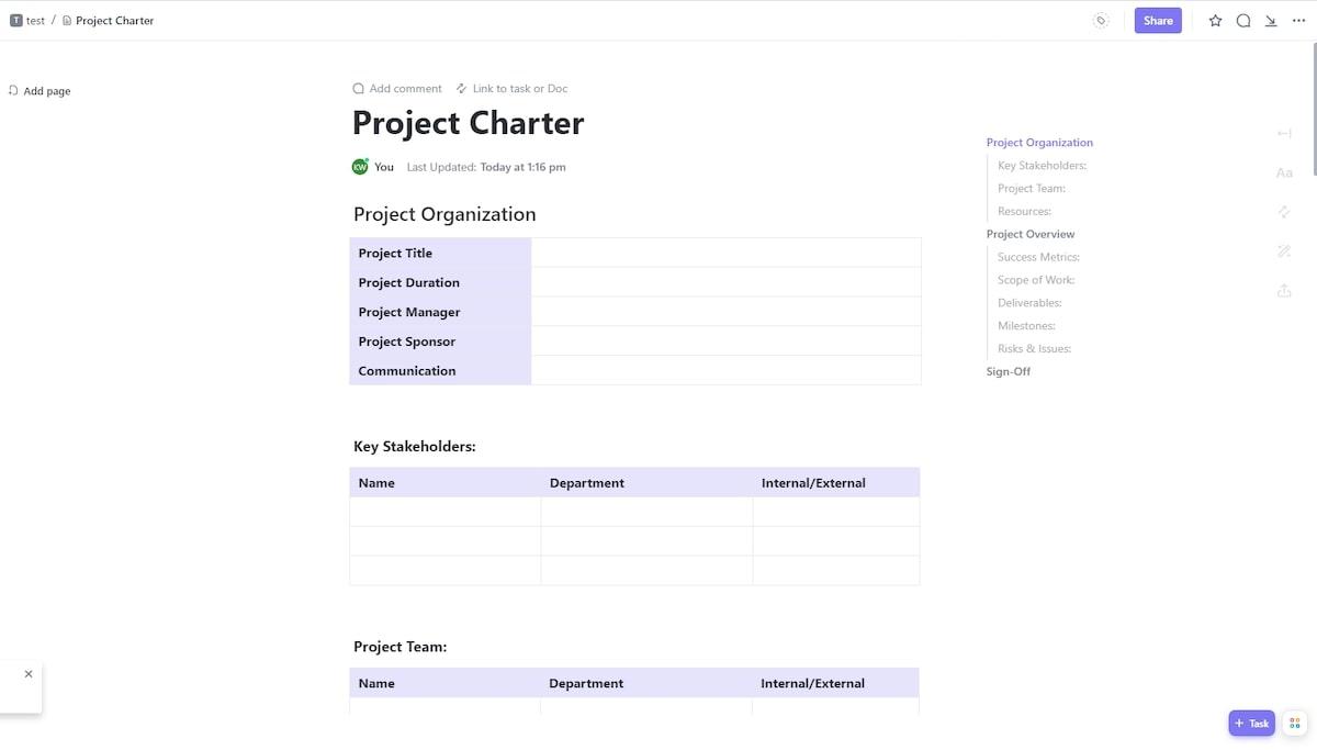 Organize your project, define success metrics, and identify potential problems with ClickUp’s hyper-organized project charter template