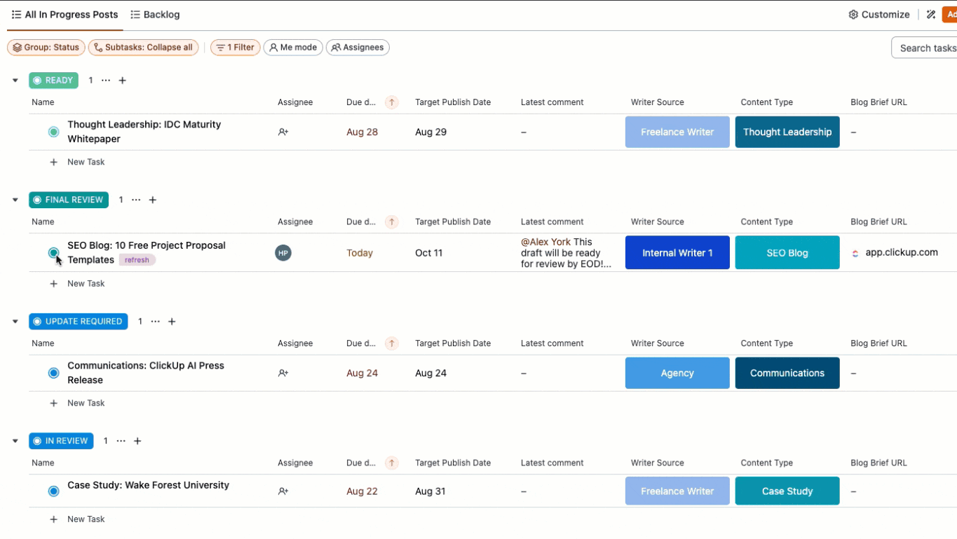 Use the ClickUp Content Production Scaling Template to seriously ramp up your blog production while having a centralized location to track, benchmark, visualize, and collaborate