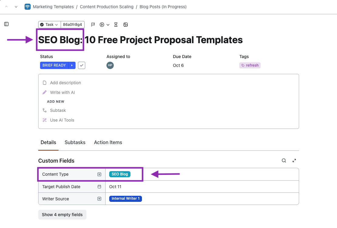 Assegnazione di nomi e categorie alle attività del blog in base al tipo di contenuto in ClickUp