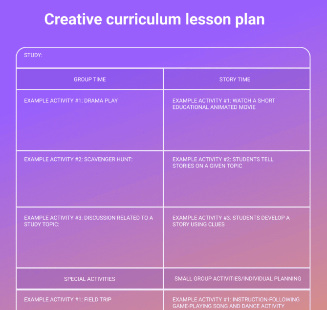 Creative Curriculum Lesson Plan Vorlage von Pumble