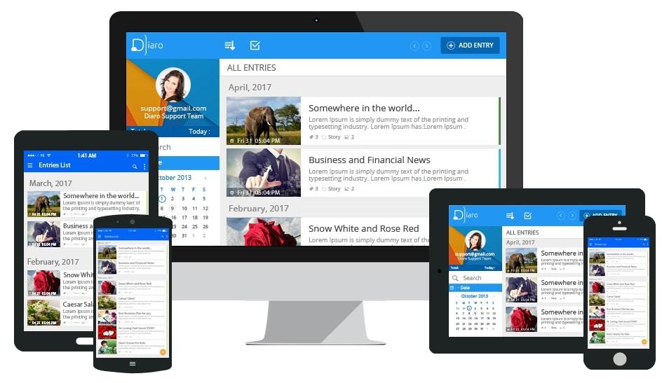 Digital journal apps: Diaro in desktop, tablet, and mobile views