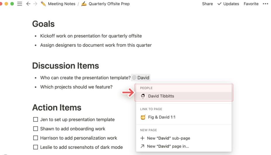 Quip alternatives: tagging a team member in Notion