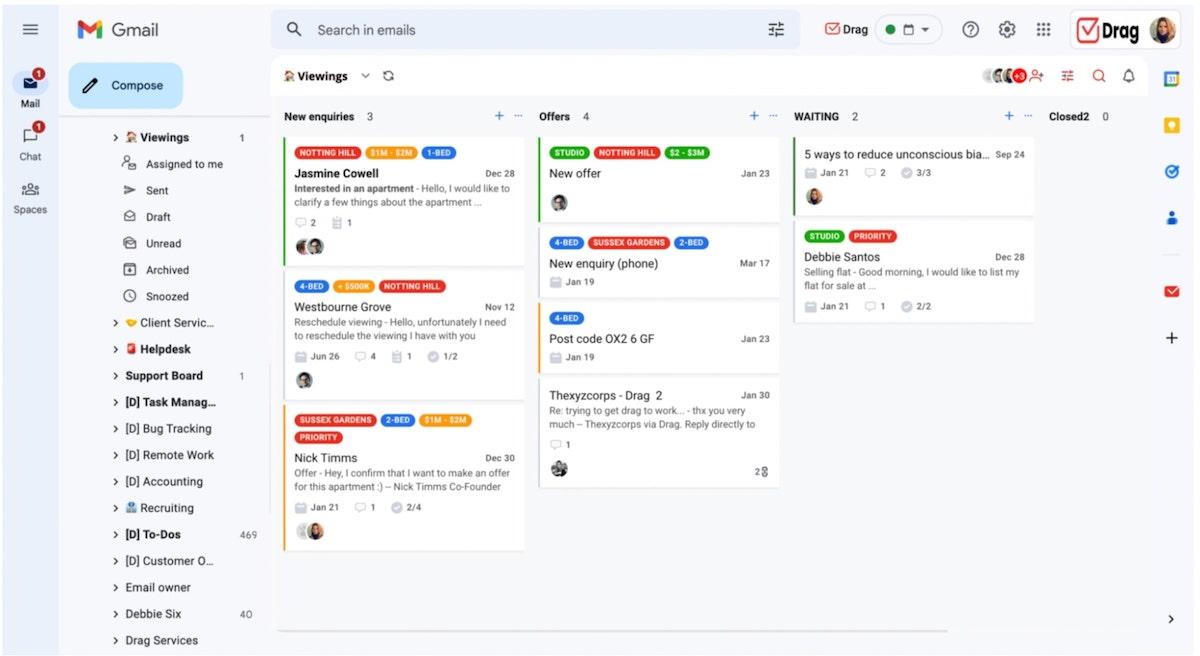 Freshdesk alternatives: screenshot of Drag's board view