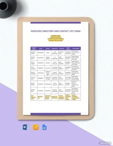 Modèle de formulaire d'annuaire et de liste de contacts pour les employés de Word par Template.net