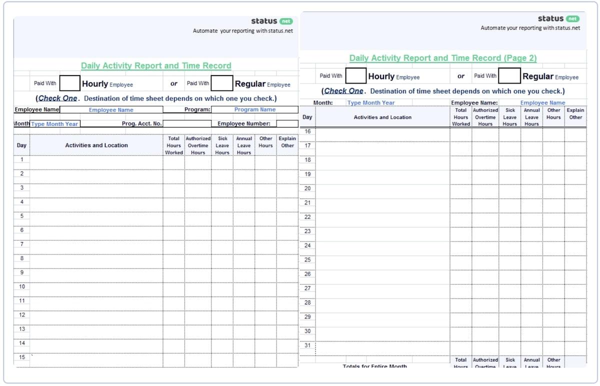 Daily report templates: Excel Daily Work Report Template by Status.net Pages 1 and 2