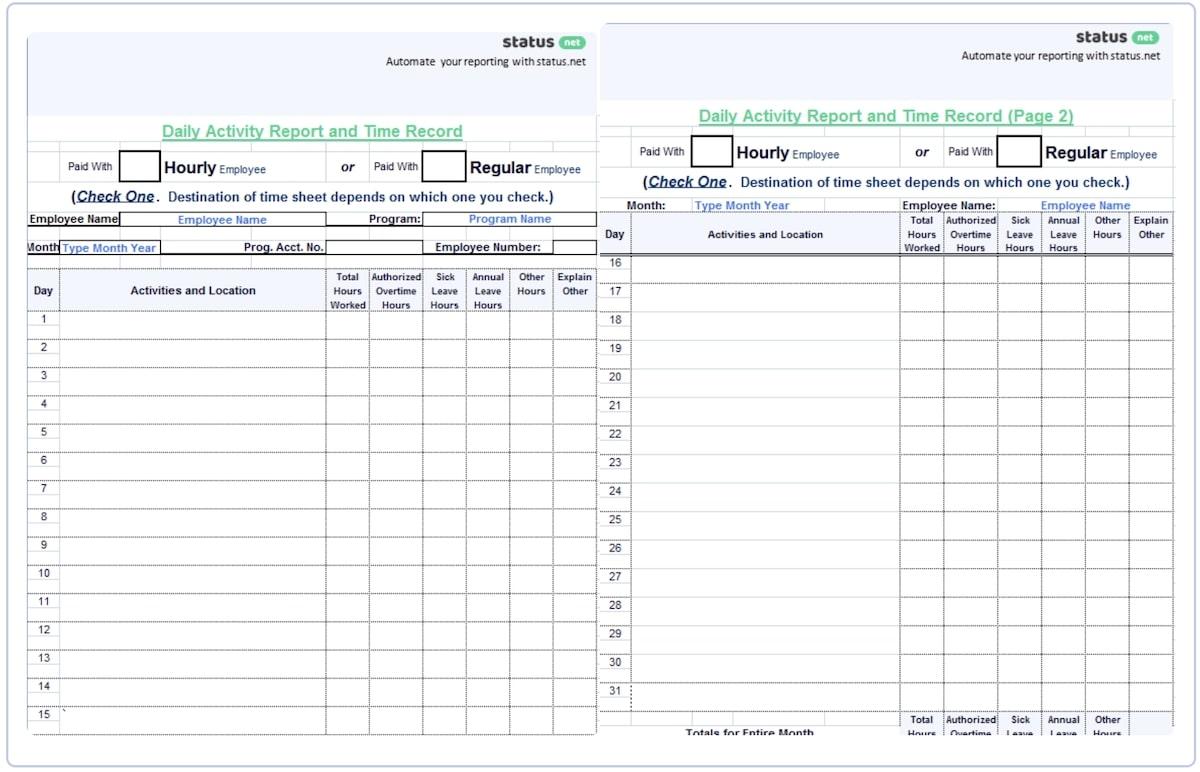 Modelos de relatórios diários: Modelo de relatório de trabalho diário em Excel da Status.net Páginas 1 e 2