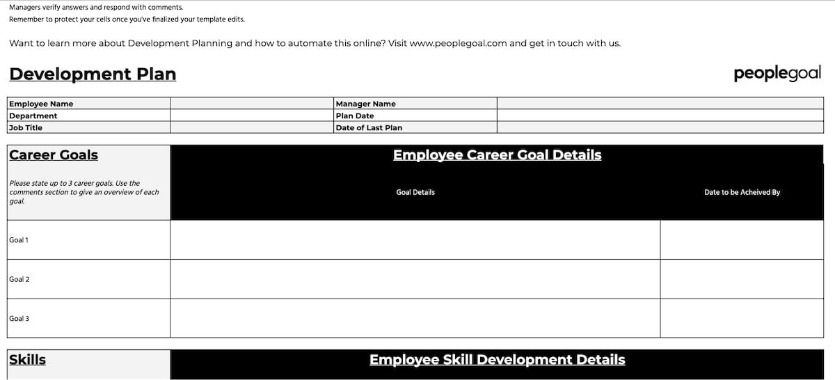 Screenshot of an Excel Development Plan Template