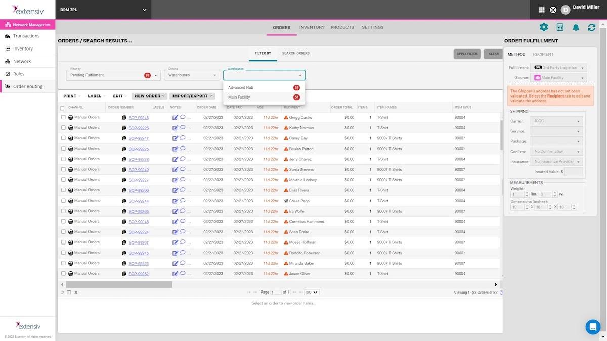 Tampilan daftar pemenuhan pesanan Extensiv Order Manager