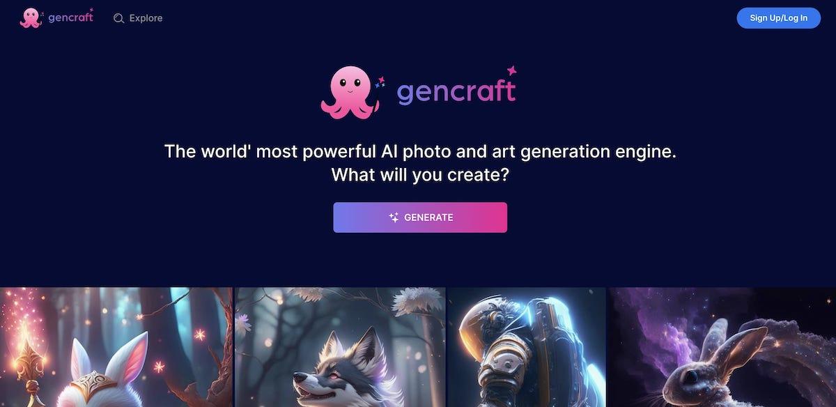 Screenshot della homepage del sito web di Gencraft