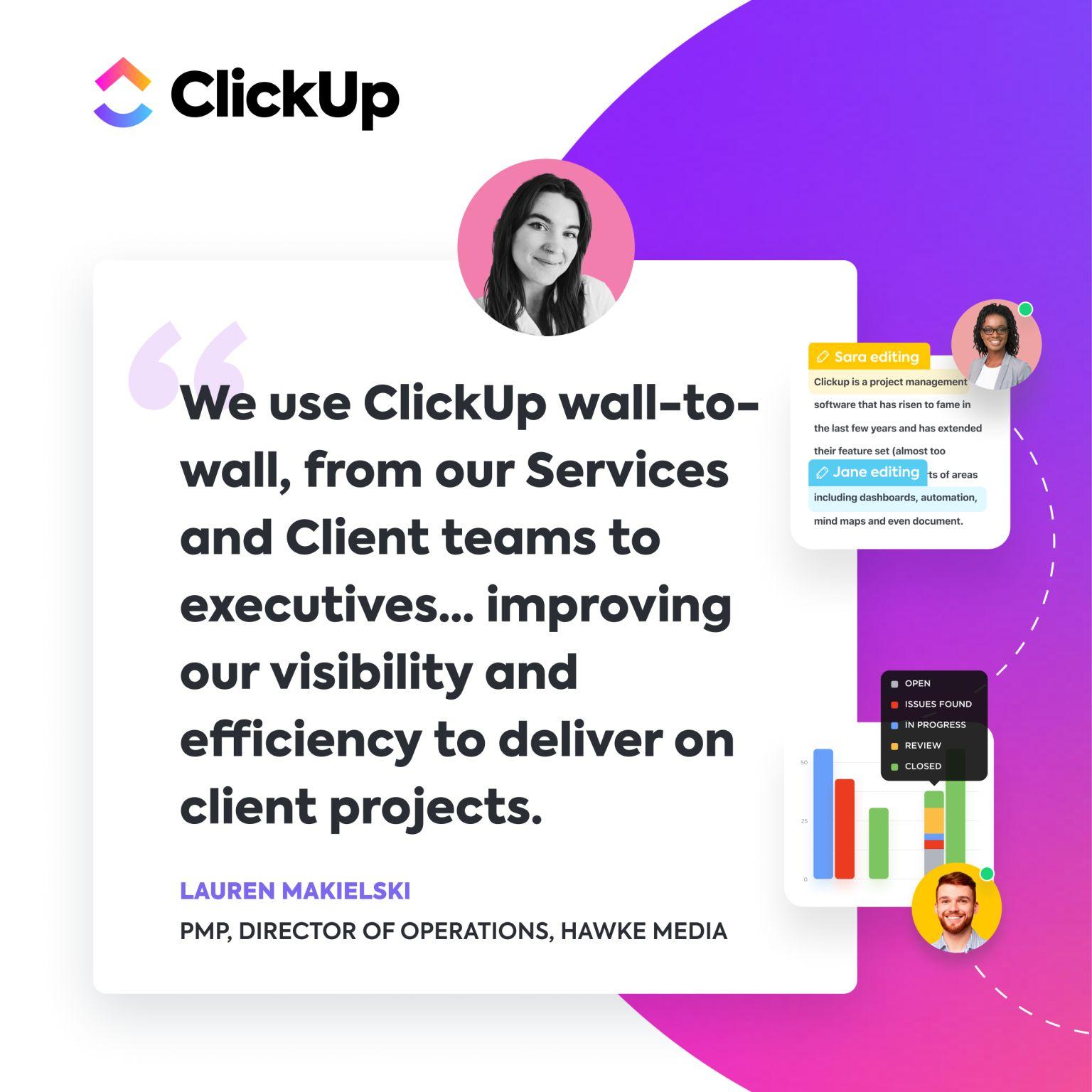 A Hawke Media usa o ClickUp para entregar projetos de clientes e atender às expectativas dos clientes