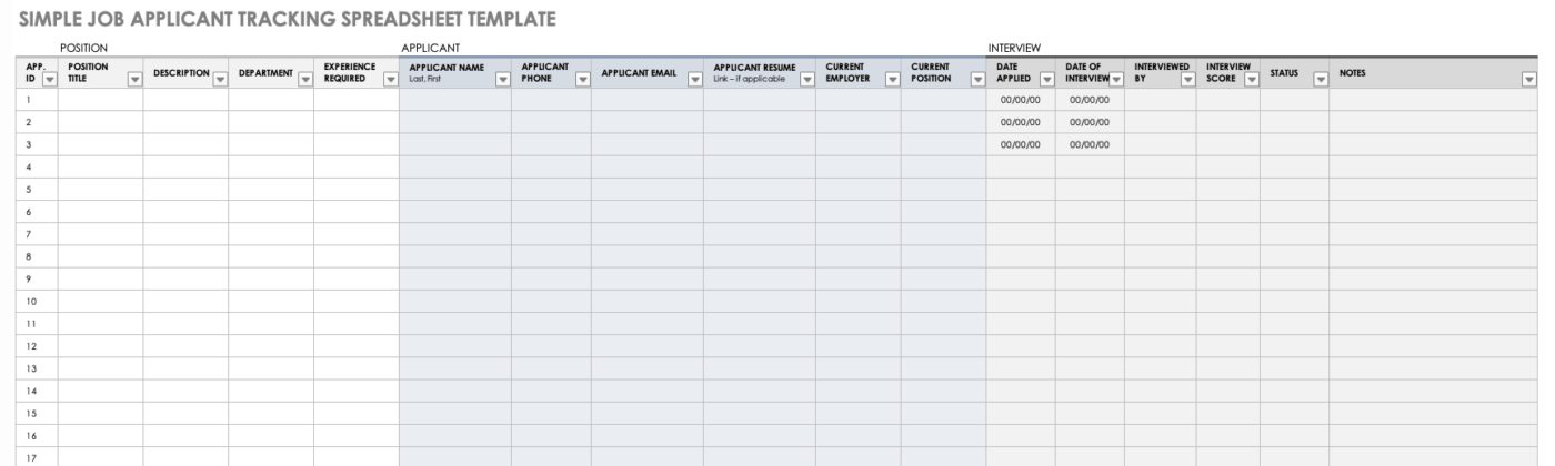 Modello semplice di tracciamento dei richiedenti lavoro in Excel di Smartsheet