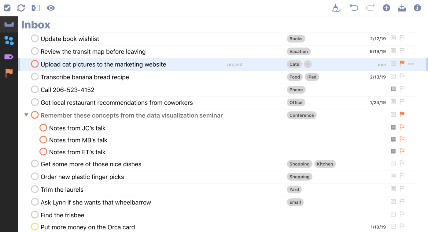 Painel de controle do OmniFocus