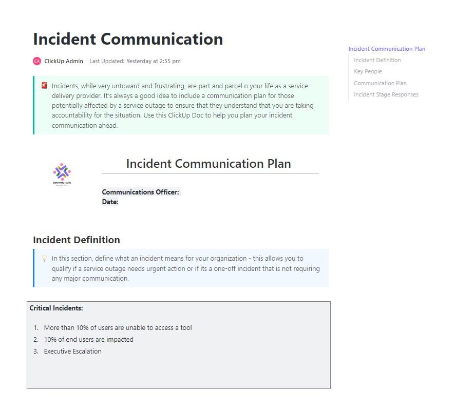 ClickUp Incident Communication Plan Template