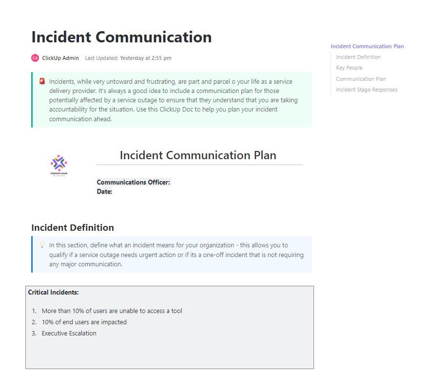 ClickUp sjabloon voor communicatieplan bij incidenten