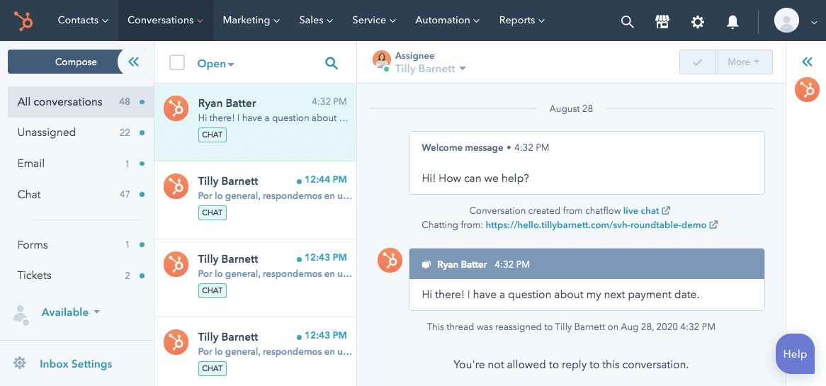 Conversazioni di HubSpot Service Hub