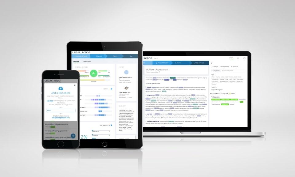 Visualizações de desktop, tablet e celular do Legal Robot