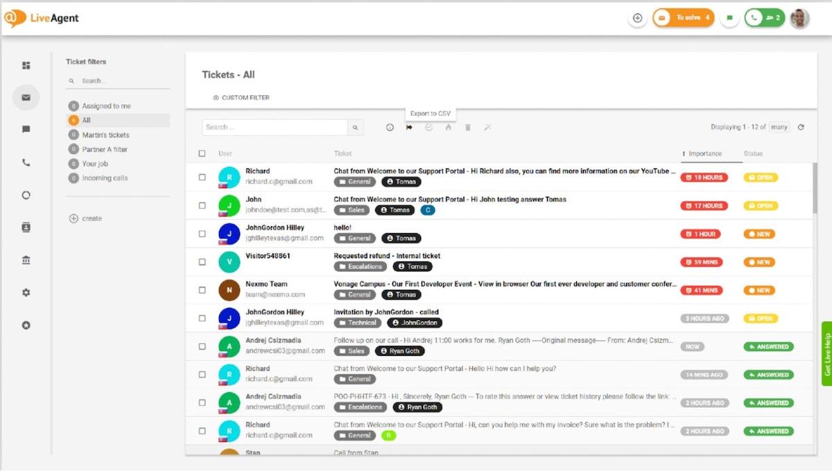 Screenshot of LiveAgent's tickets