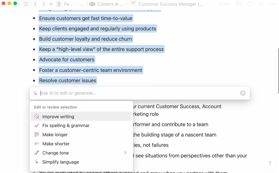 Notion AI summary example