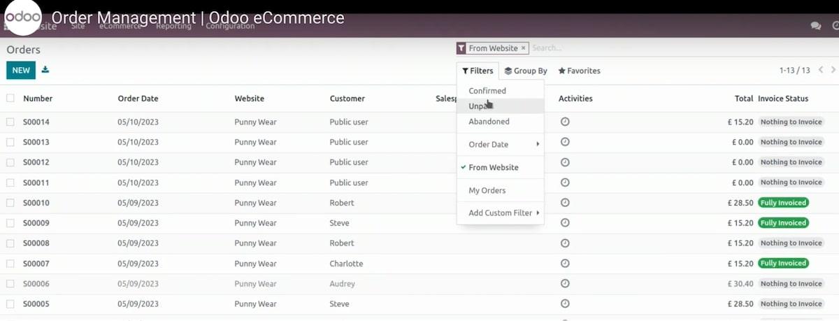 Fonctionnalité de gestion des commandes d'Odoo