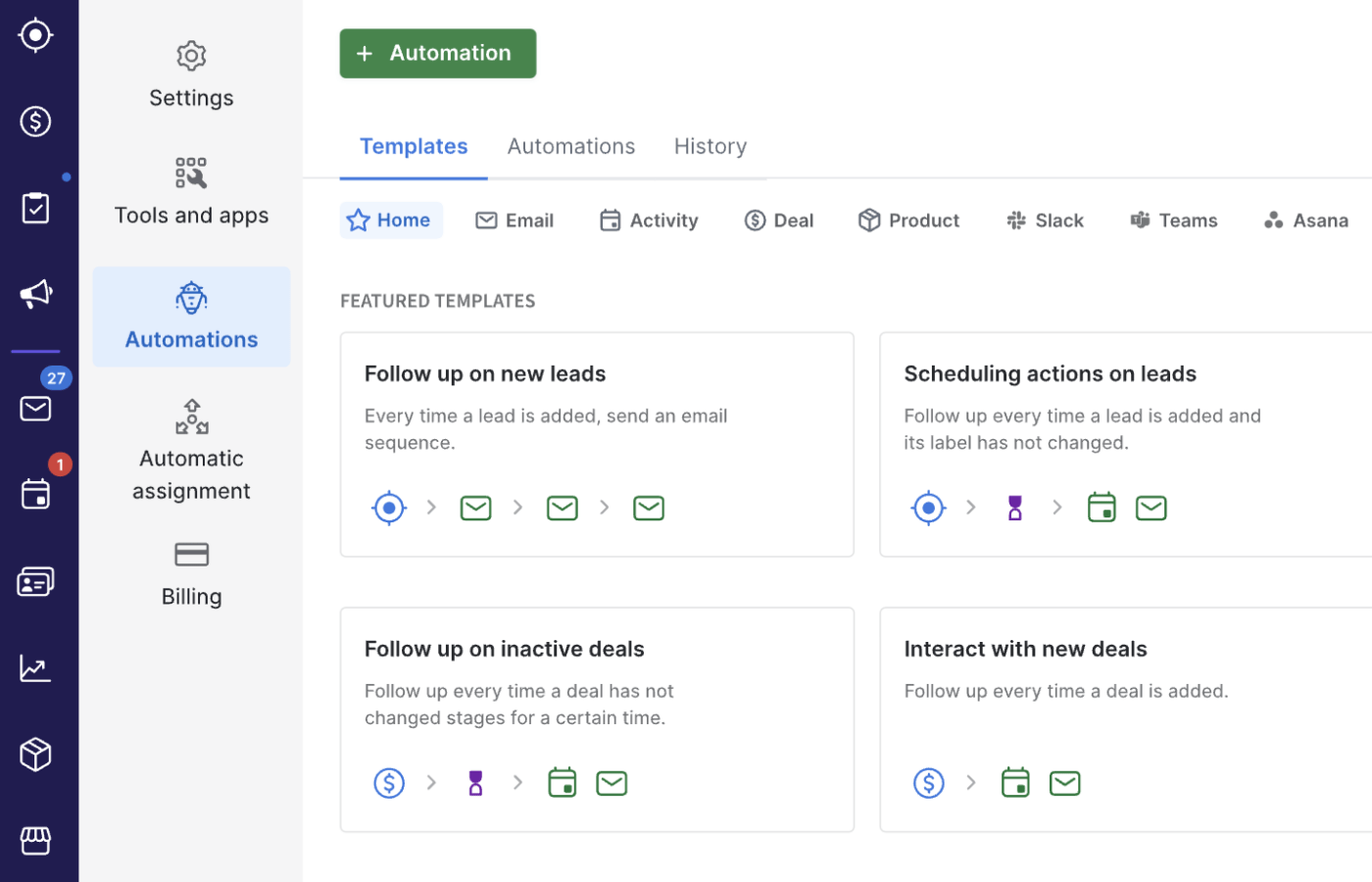 Recurso de automação de vendas do Pipedrive