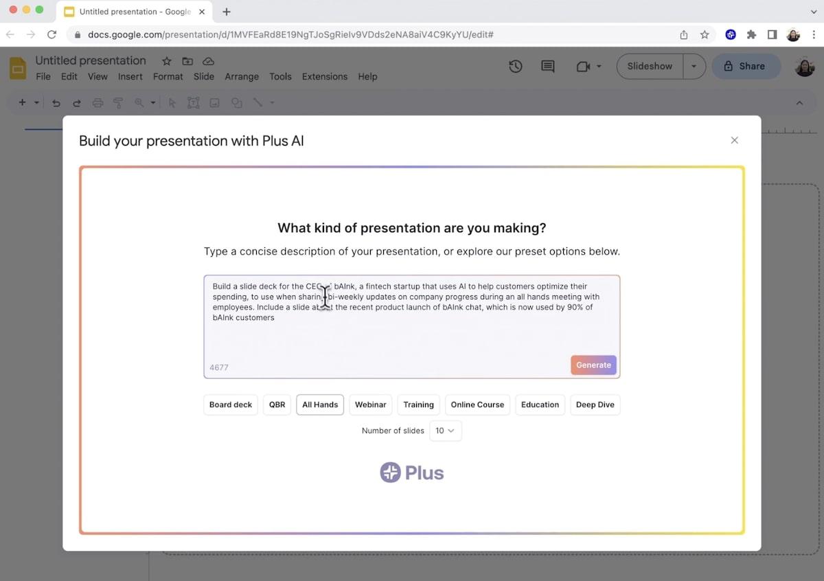 Screenshot of Plus AI sample presentation