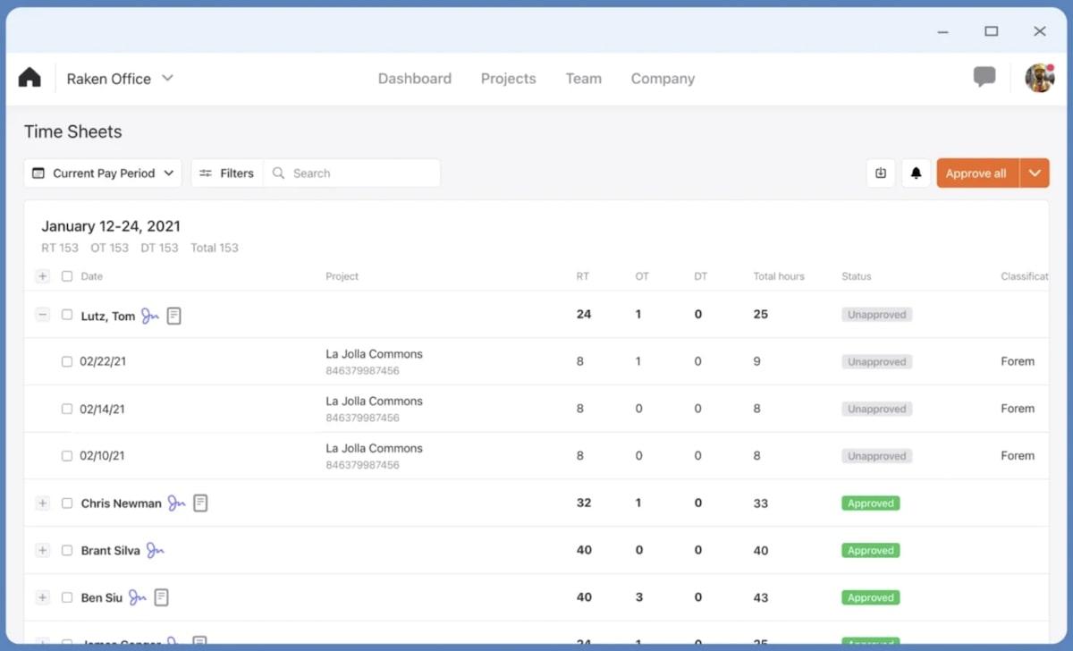 Construction time tracking software: Raken's Time Sheets