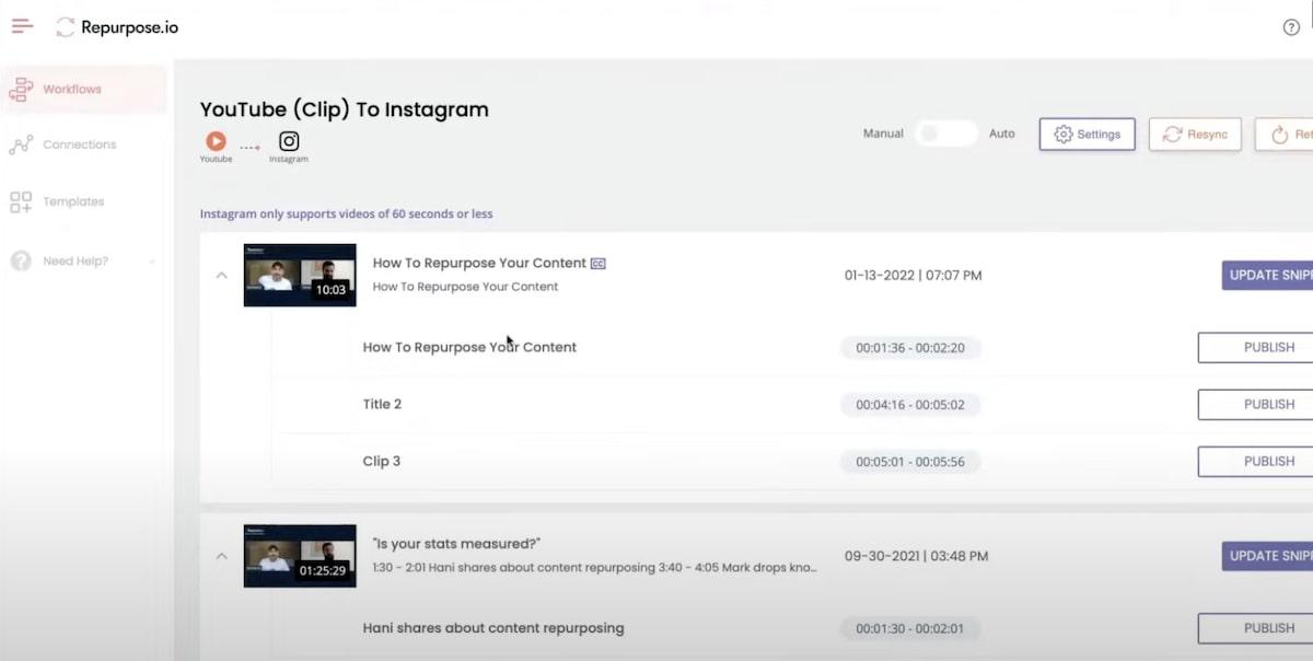 Screenshot of Repurpose's Workflows