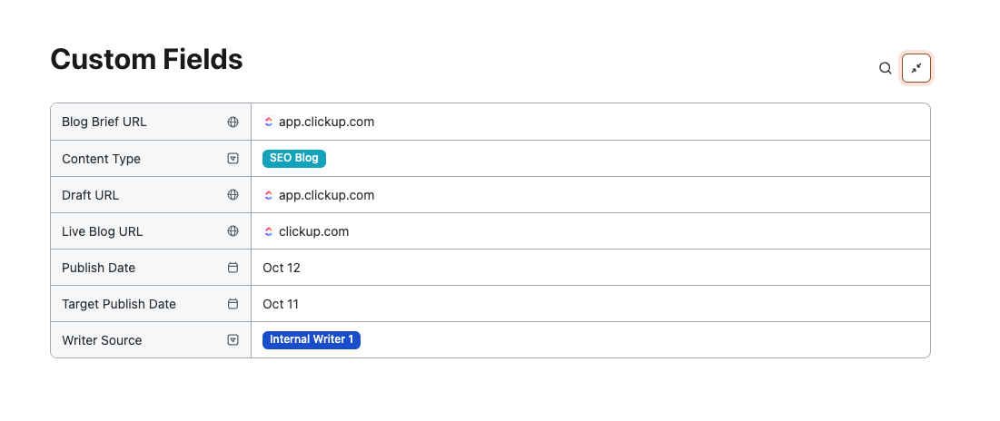 Custom Fields included in the Content Production Scaling Template