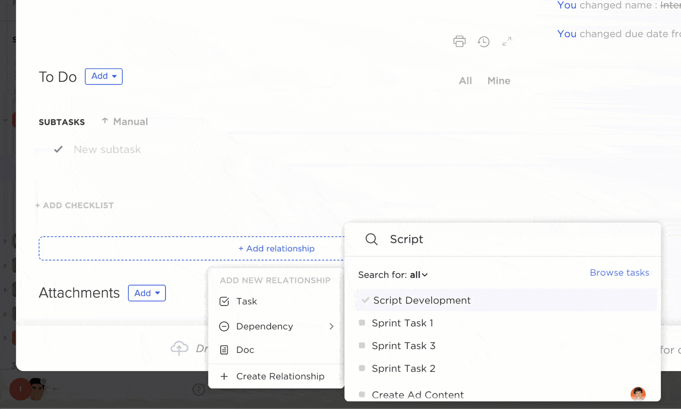 Configuração de dependências de tarefas no ClickUp