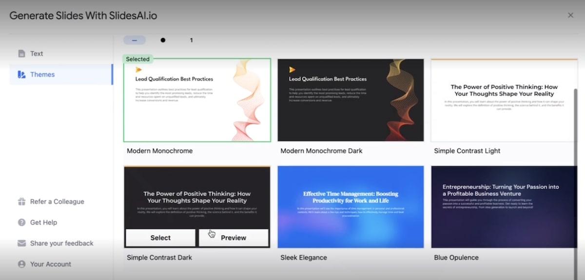 Tome AI alternatives: screenshot of SlidesAI Themes