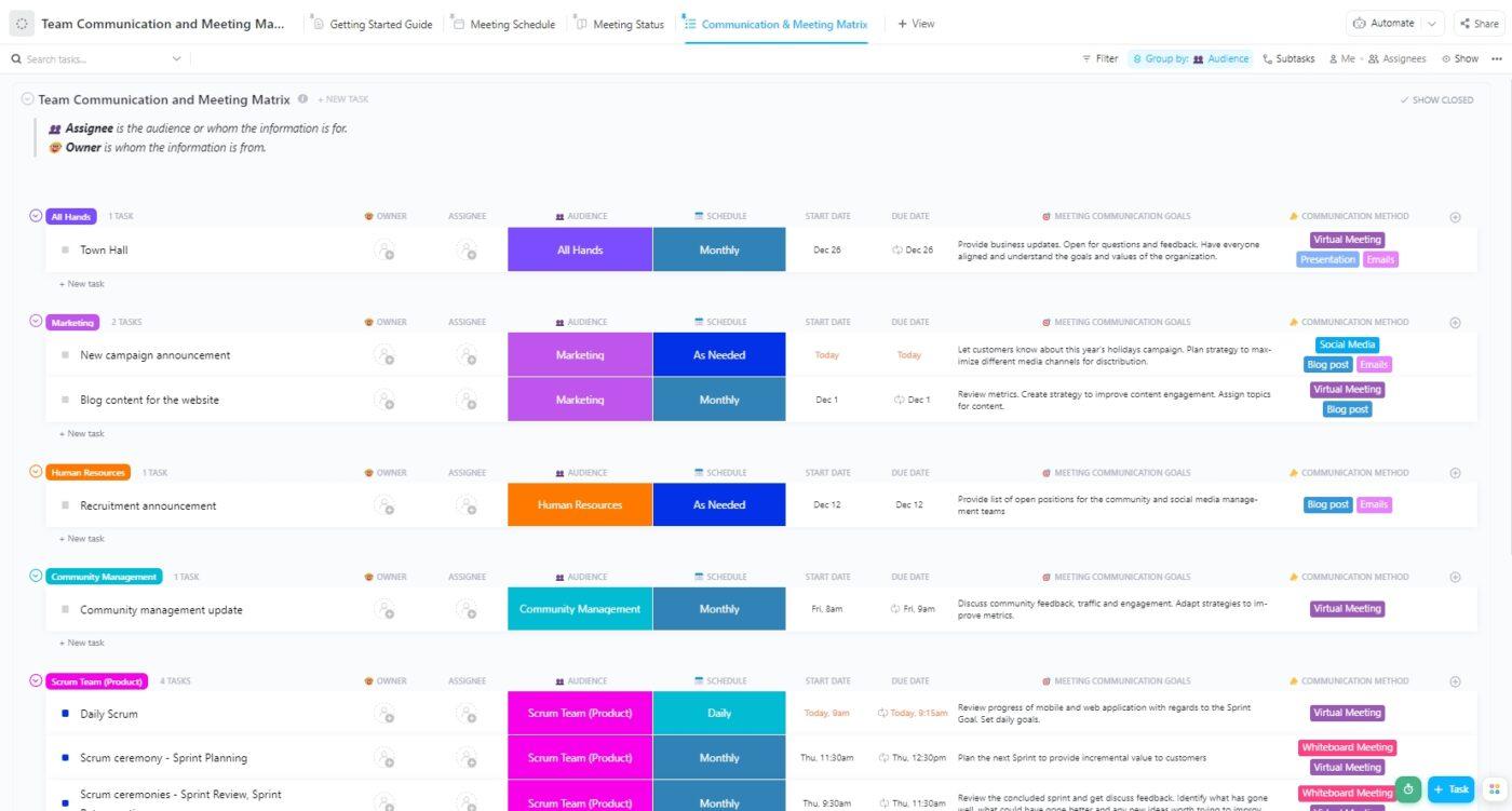 Matriz de comunicaciones y reuniones de equipo de ClickUp