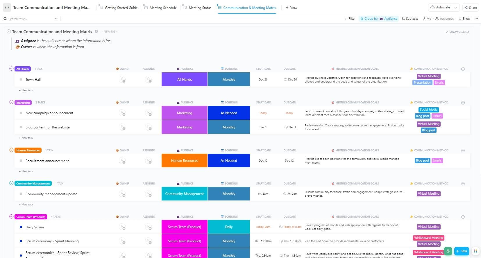 Utilice la plantilla de ClickUp de comunicación en equipo y matriz de reuniones para establecer directrices claras de comunicación y mejorar la eficacia del equipo