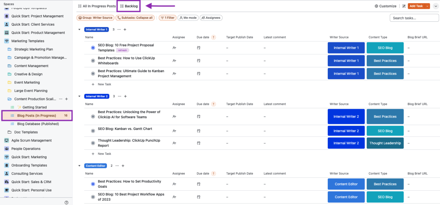 Backlog de contenidos en la plantilla de escalado de contenidos de ClickUp